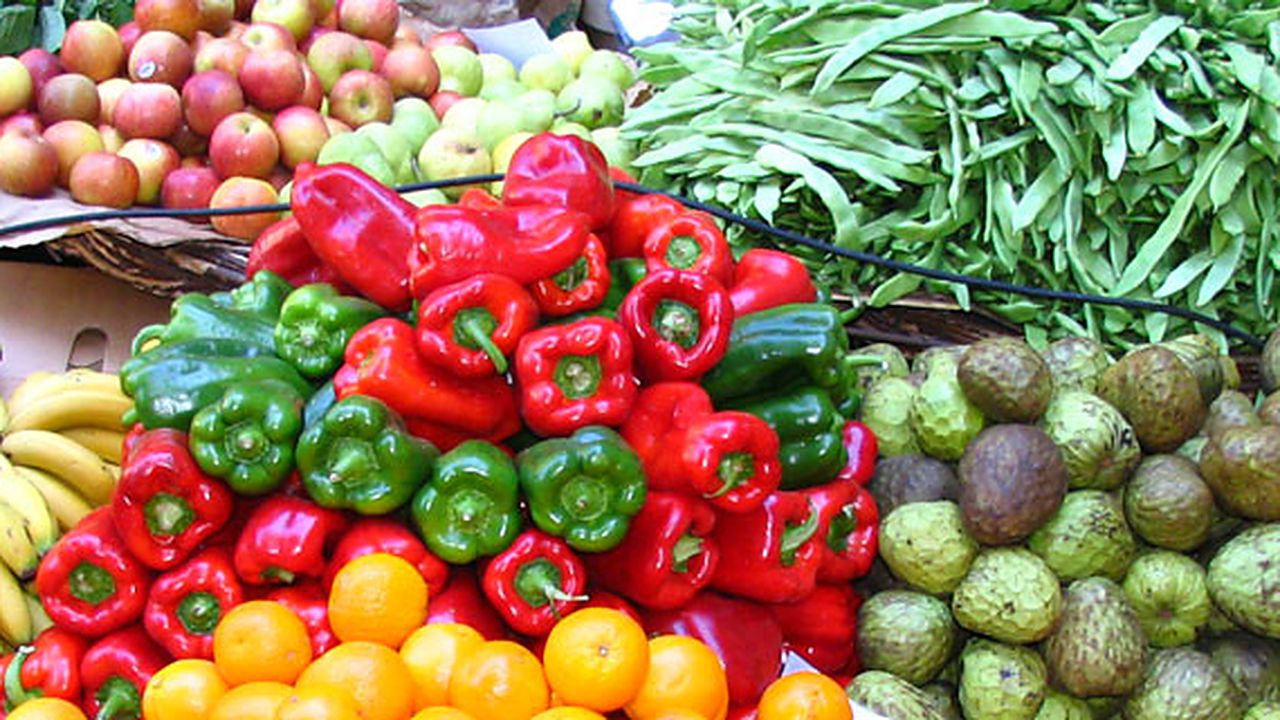 Produce laid out for market: peppers, tomatoes, apples, greens